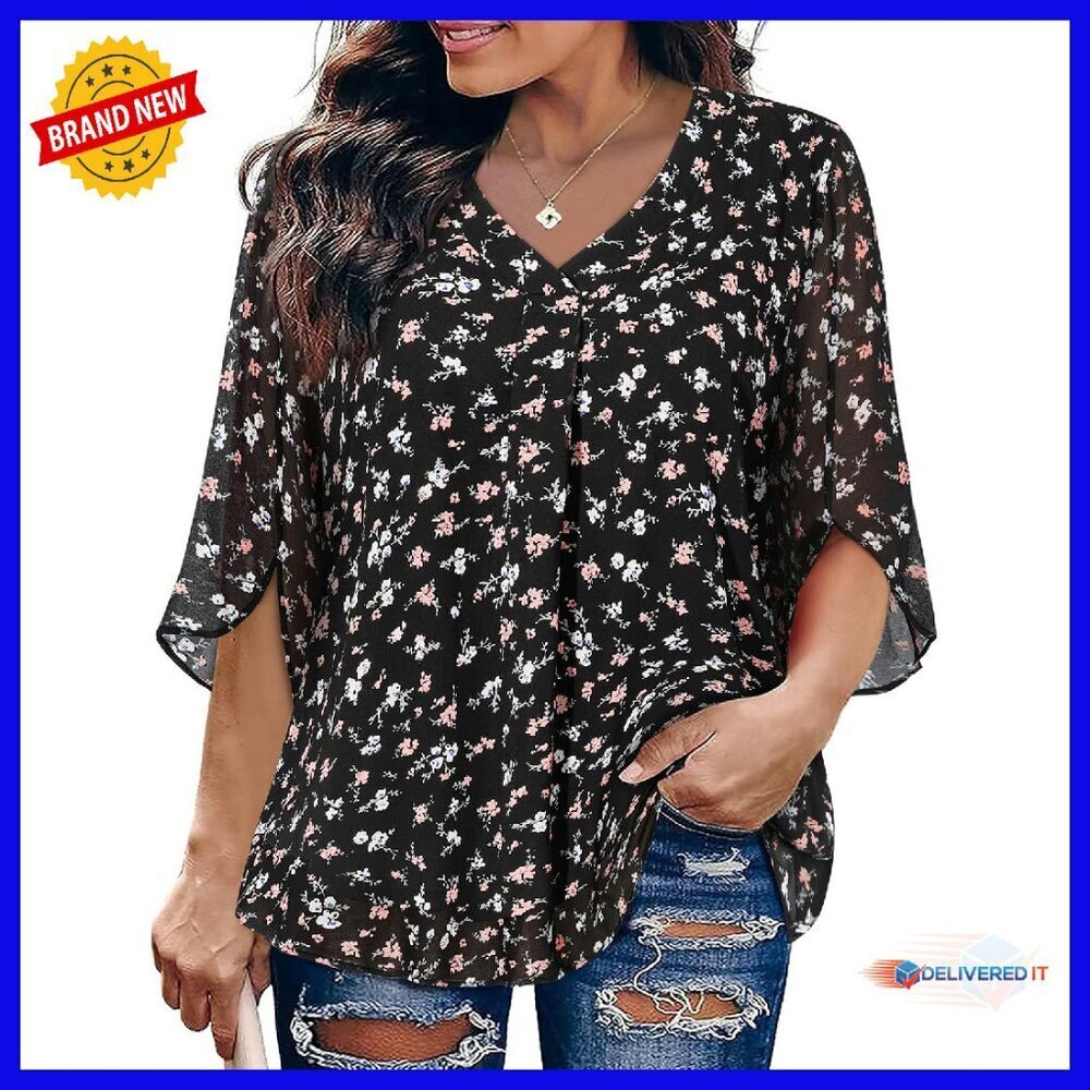 Plus Size Chiffon Blouse 3/4 Sleeve V-Neck Loose Fit Tunic